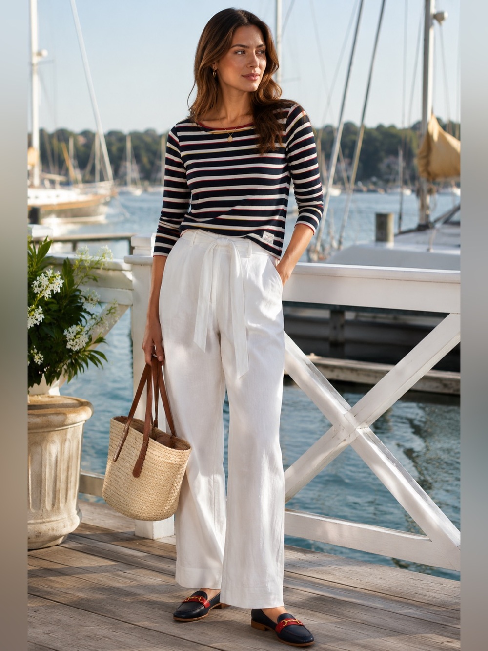Talbots White Linen Drawstring Pleated Chinos